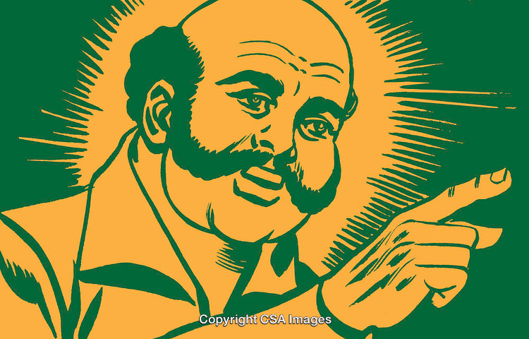 Retro Stylized Illustration of Man Pointing with Enthusiastic Expression