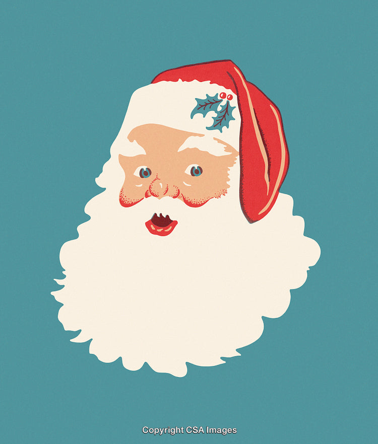 Retro Style Illustration of Santa Claus Face with Red Hat and Holly