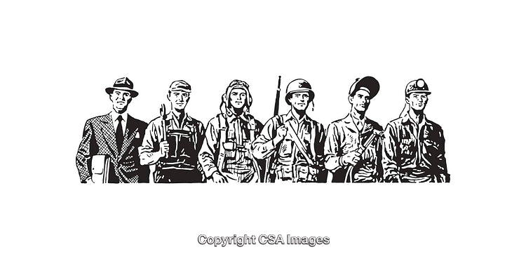 Black and White Line Art of Diverse Workers and Professionals Together
