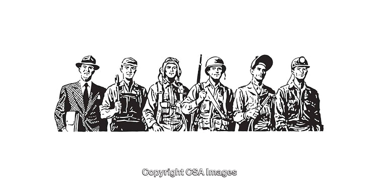 Black and White Line Art of Diverse Workers and Professionals Together