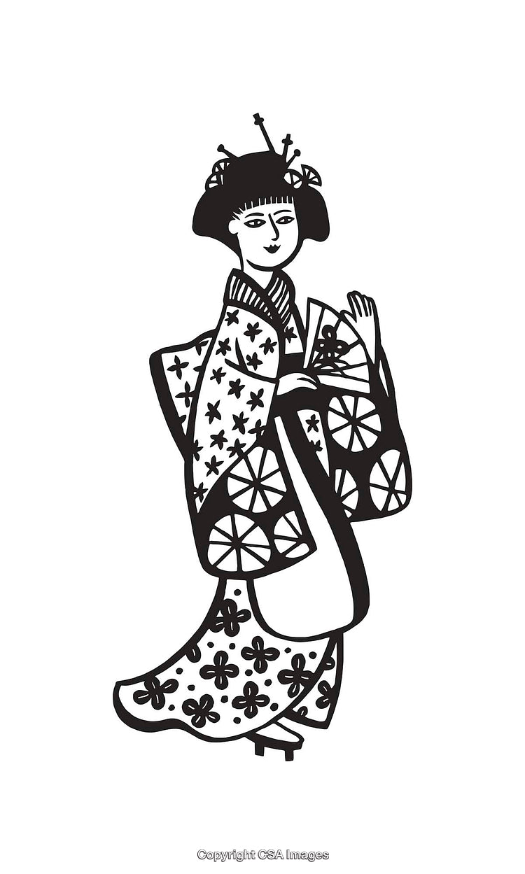 Traditional Japanese Geisha Illustration in Elegant Black and White