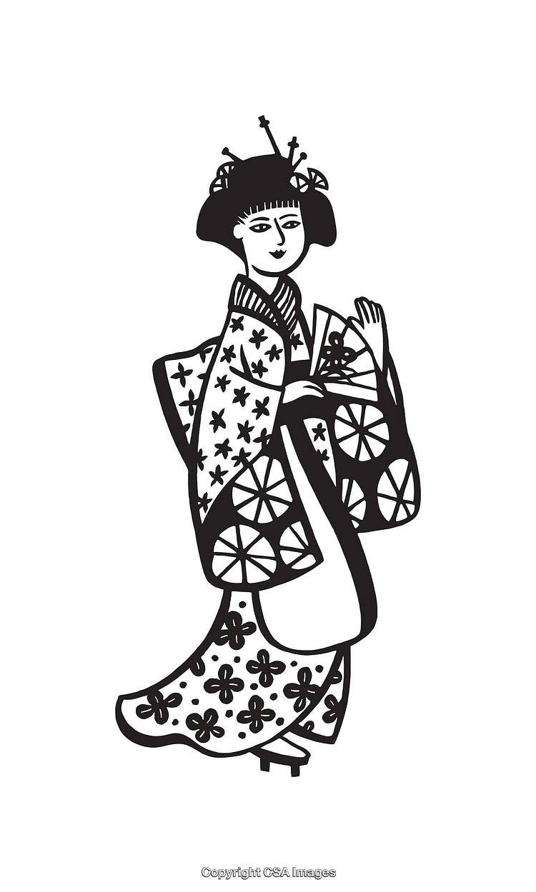 Traditional Japanese Geisha Illustration in Elegant Black and White