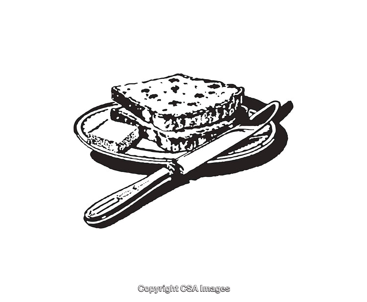 Black and White Line Art Illustration of Bread with Knife on Plate