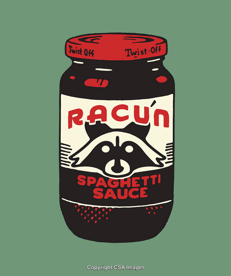 Jar of Pasta Sauce Featuring Raccoon Design Against Green Background