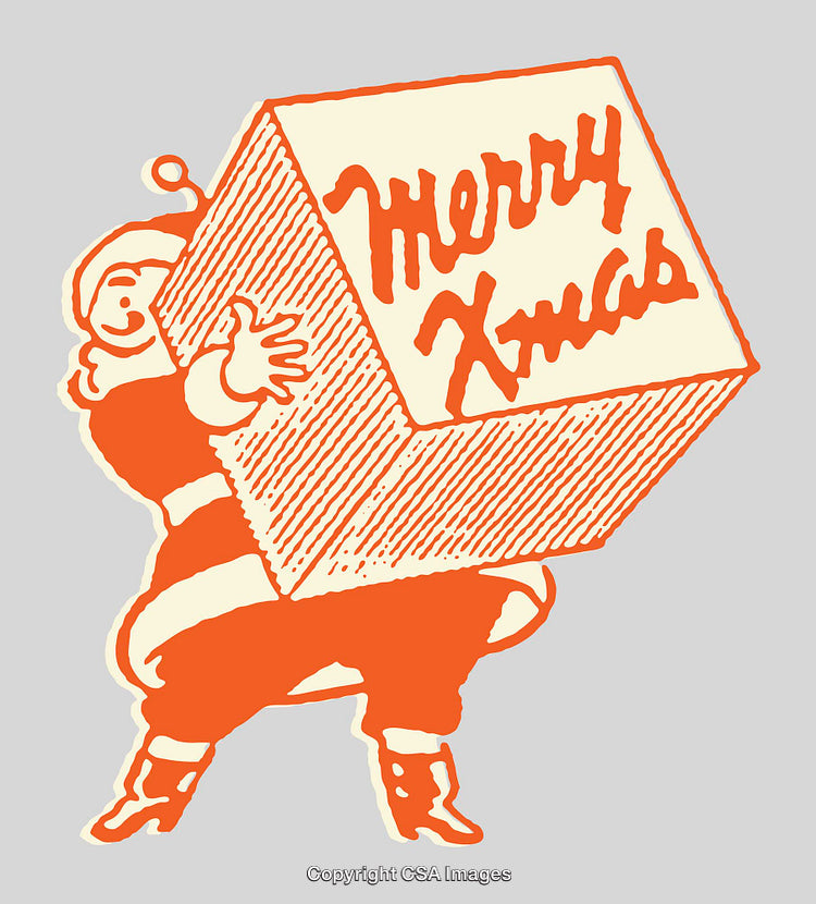 Vintage Illustration of Santa Carrying Merry Xmas Gift Box