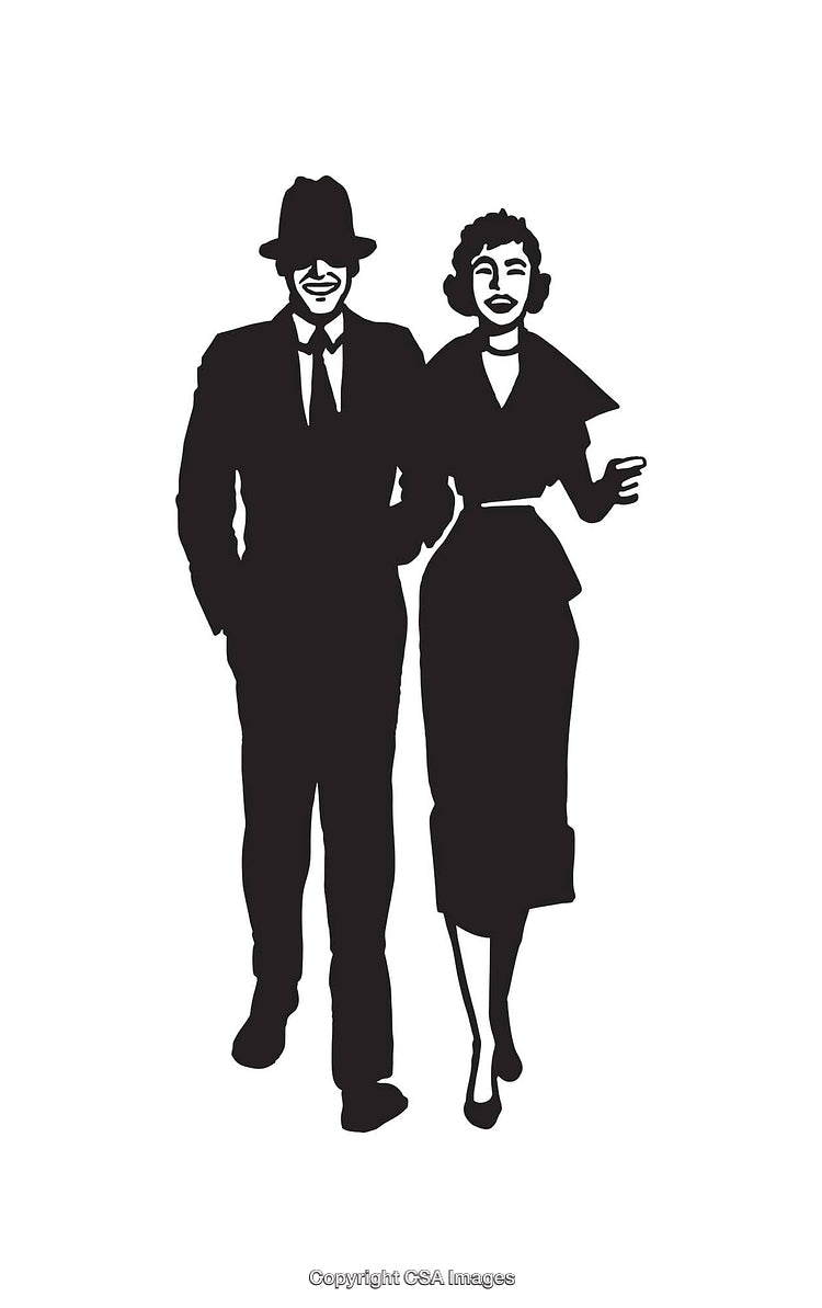 Stylish Vintage Couple Walking Together in Black and White Silhouette