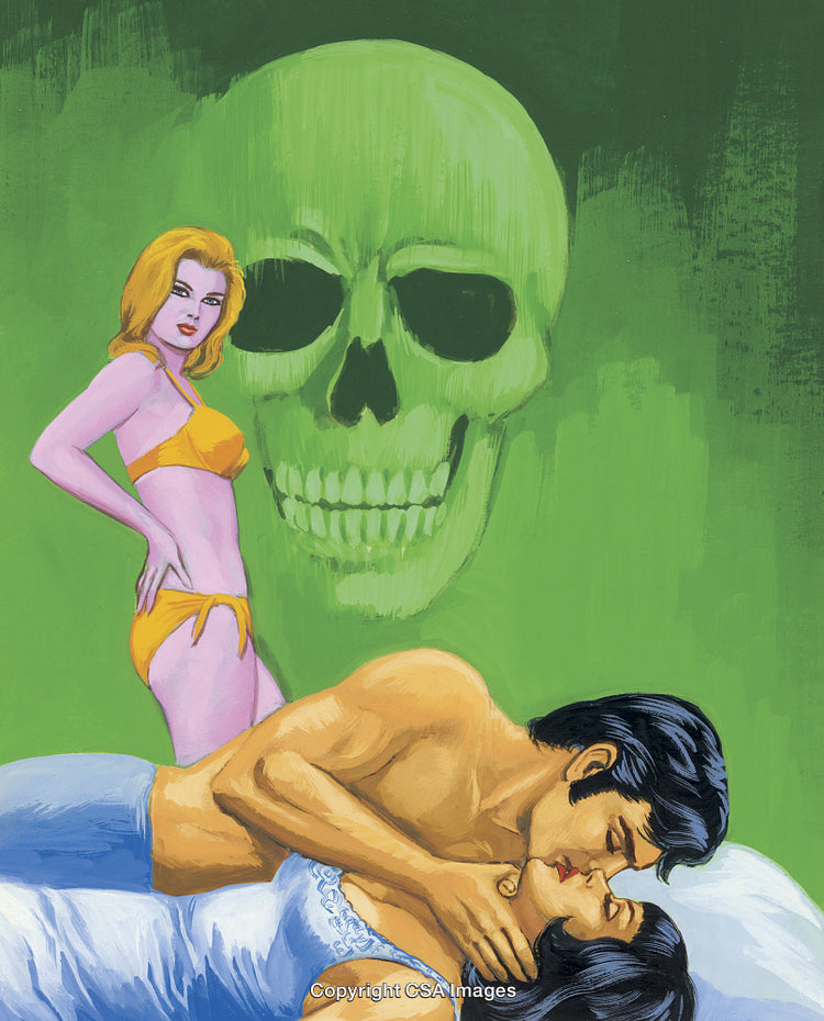 Vintage Style Illustration Featuring Romantic Tension and a Mysterious Green Skull
