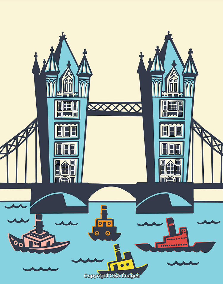 Colorful Line Art of Bridge and Boats in River Setting