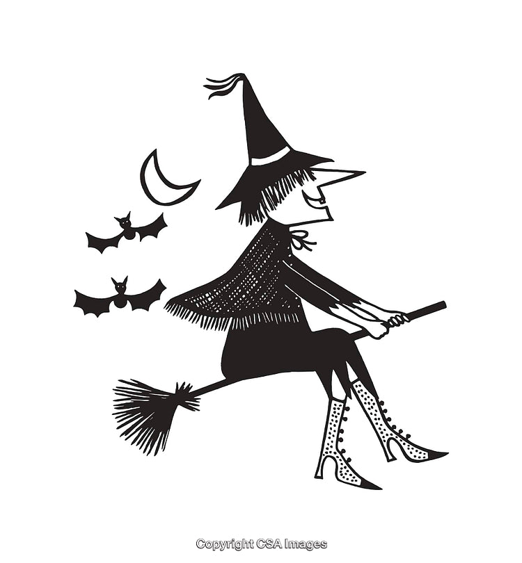Black and White Illustration of Witch Flying on Broomstick