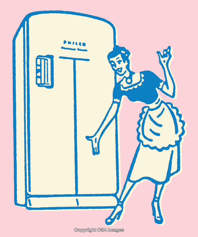 Retro Illustration of a Woman Presenting a Vintage Refrigerator in Line Art