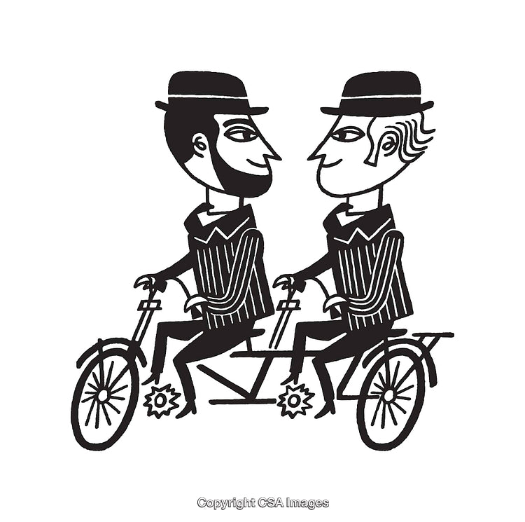 Two Men Riding a Tandem Bicycle in Stylized Line Art
