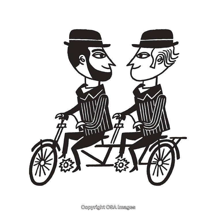 Two Men Riding a Tandem Bicycle in Stylized Line Art