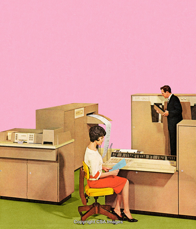 Vintage Office Scene Featuring Early Computers and Professionals in Retro Colors