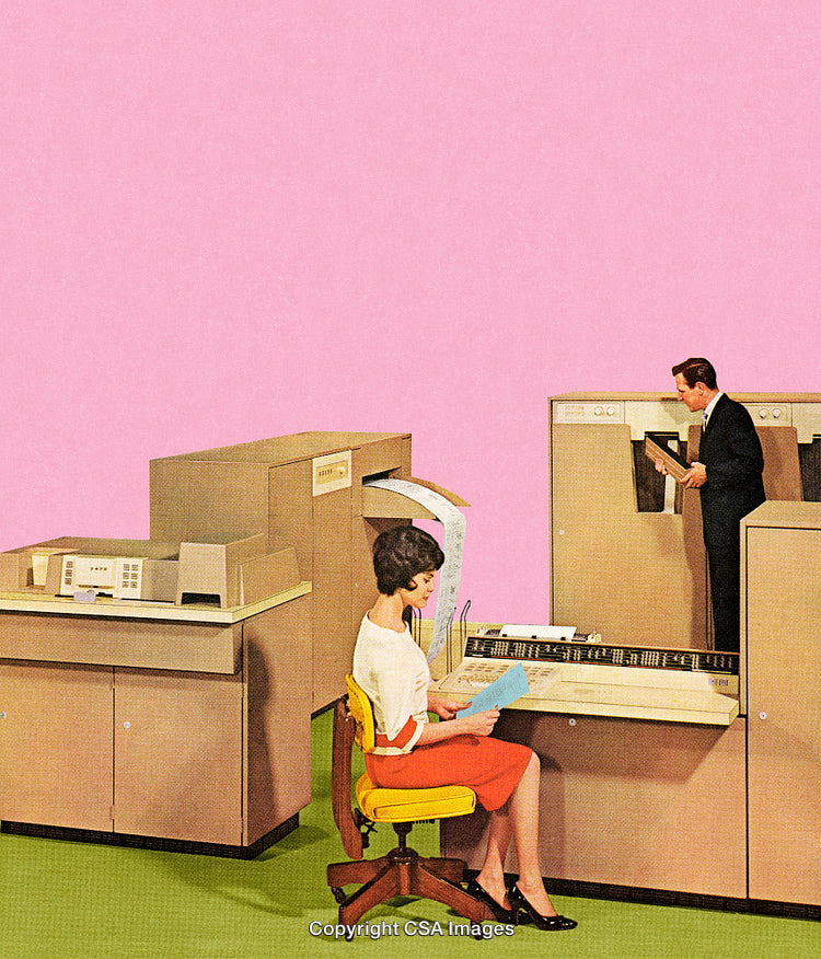 Vintage Office Scene Featuring Early Computers and Professionals in Retro Colors