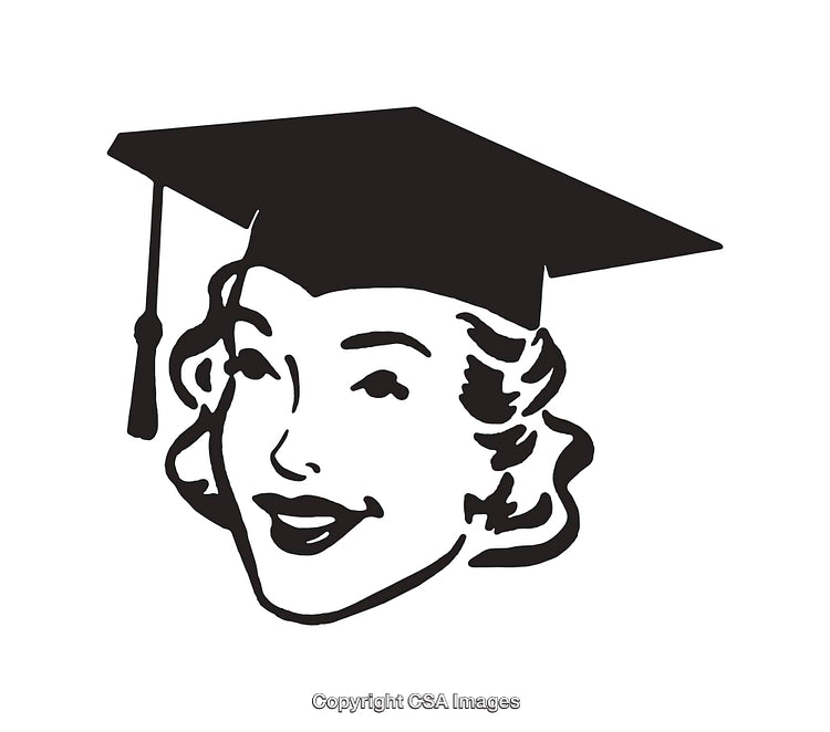 Black and White Illustration of a Female Graduate Wearing a Cap