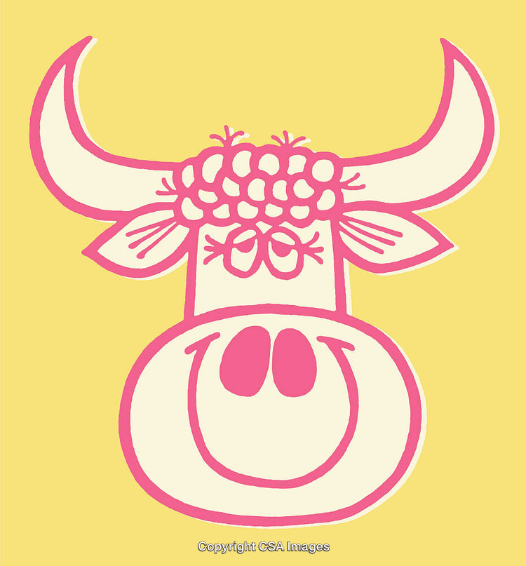 Playful Abstract Cow Line Art Illustration in Bright Pink and Yellow Colors