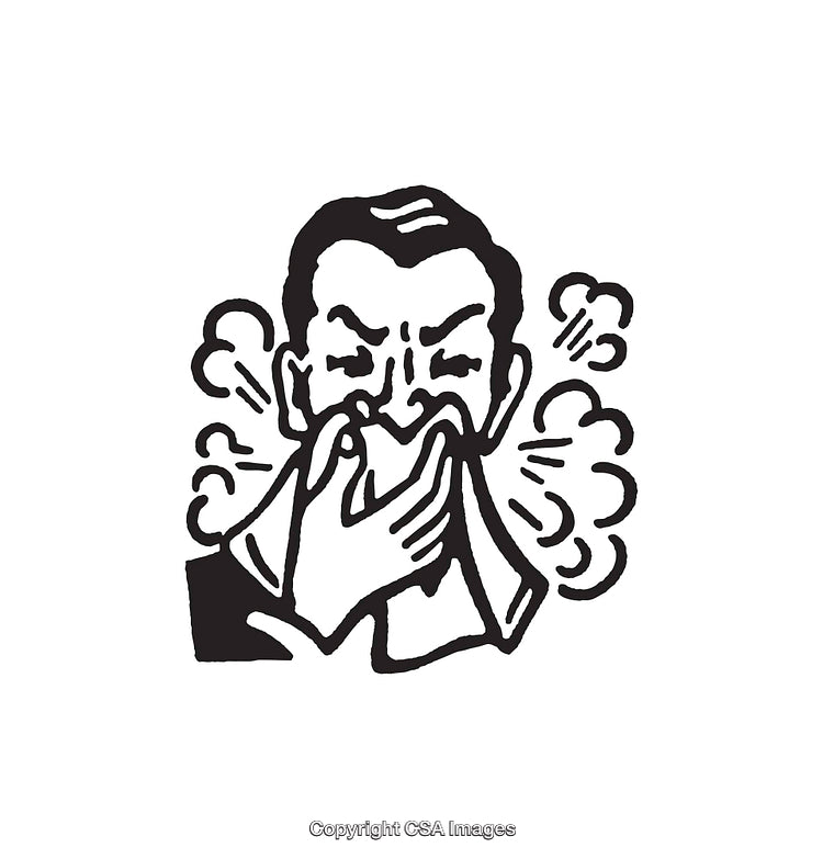 Black and White Illustration of a Sneezing Person Using a Handkerchief