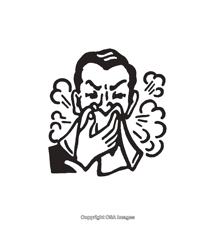 Black and White Illustration of a Sneezing Person Using a Handkerchief