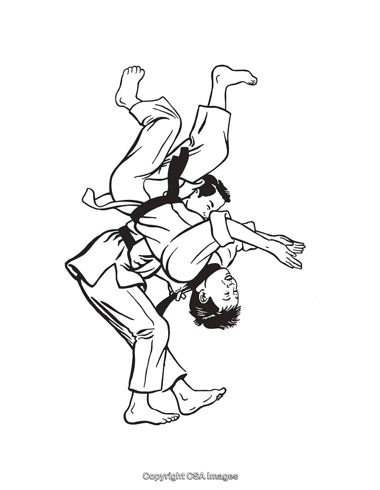 Black and White Line Art of Judo Throw Action Scene