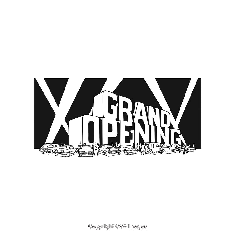 Black and White Illustration of a Grand Opening Event with People and Vehicles