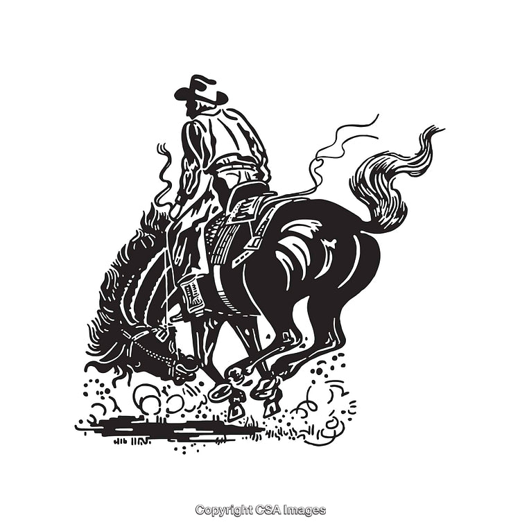Black and White Cowboy Riding a Rearing Horse Line Art