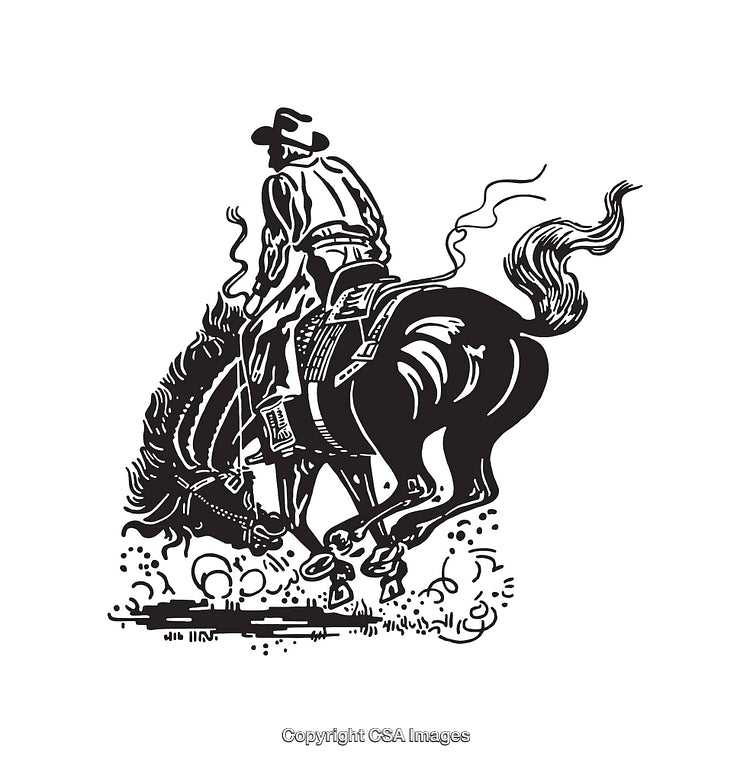 Black and White Cowboy Riding a Rearing Horse Line Art