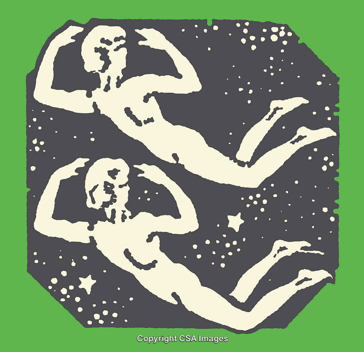 Twin Ethereal Figures Surrounded by Cosmic Elements on Green and Gray Background