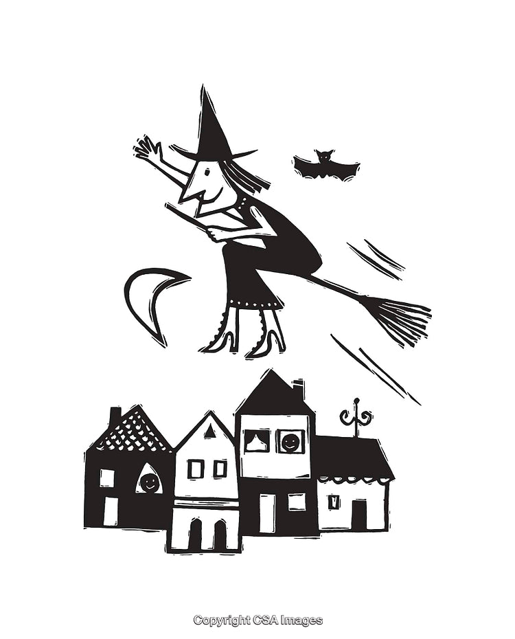 Whimsical Black and White Art of Witch Flying on Broom Over Village