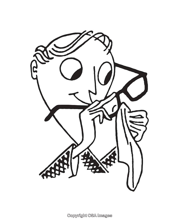 Minimalist Black and White Line Art of a Person Cleaning Glasses