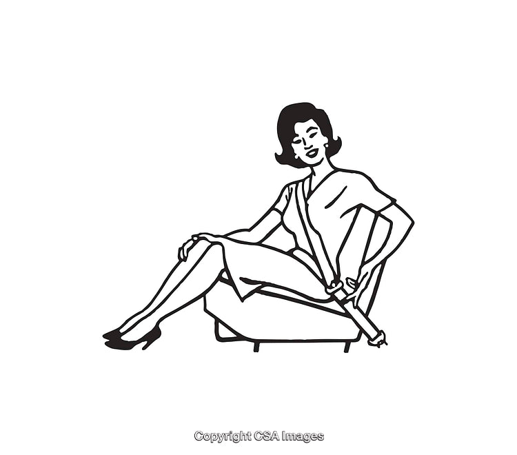 Vintage Black and White Illustration of Woman Fastening Seatbelt in Car