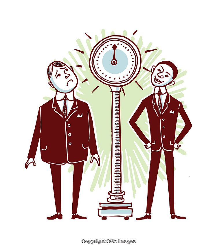Illustration of Two Businessmen Reacting to a Scale's Measurement