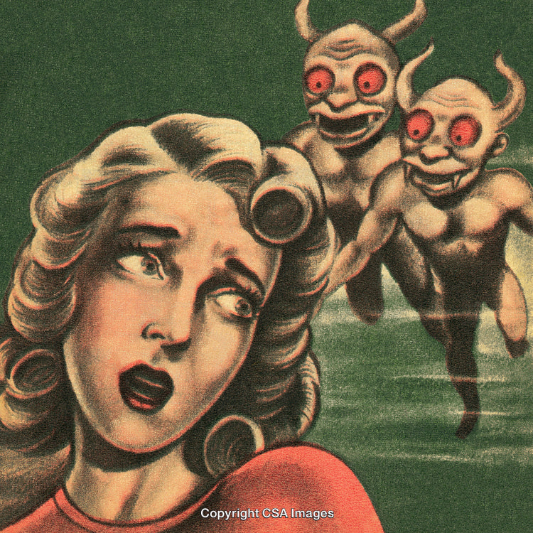 Vintage Illustration of Woman and Two Menacing Creatures with Red Eyes