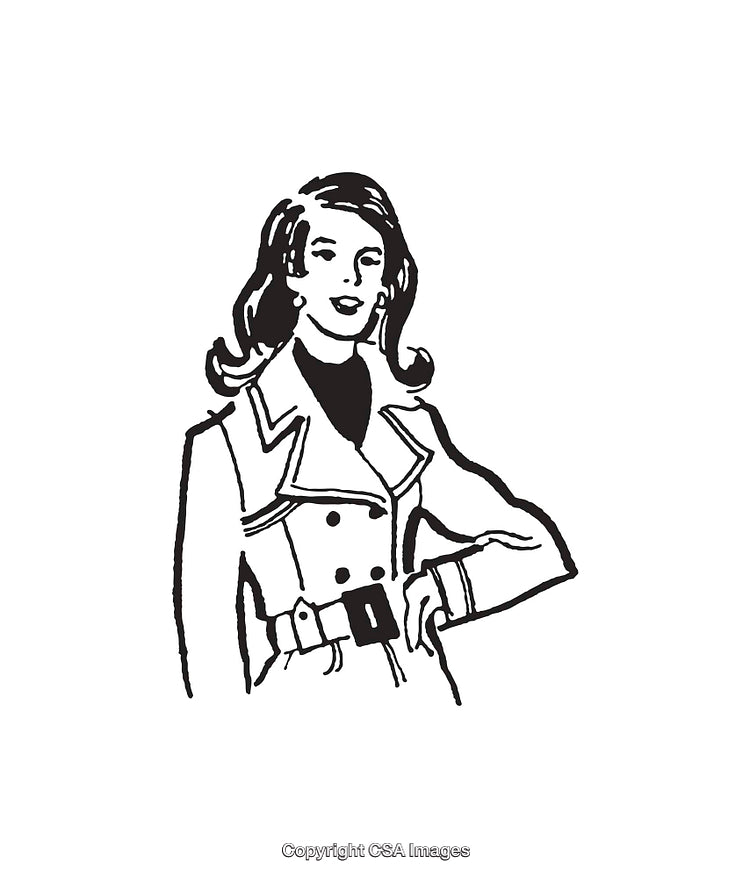 Vintage Line Art Illustration of a Woman in a Stylish Coat
