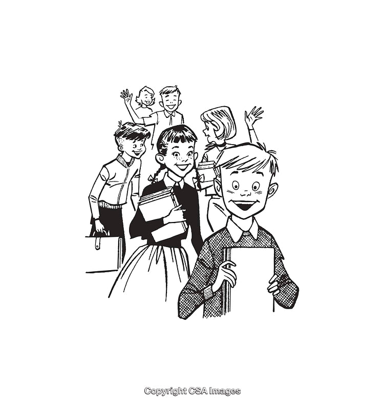 Group of Smiling Schoolchildren Illustrated in Black and White Line Art