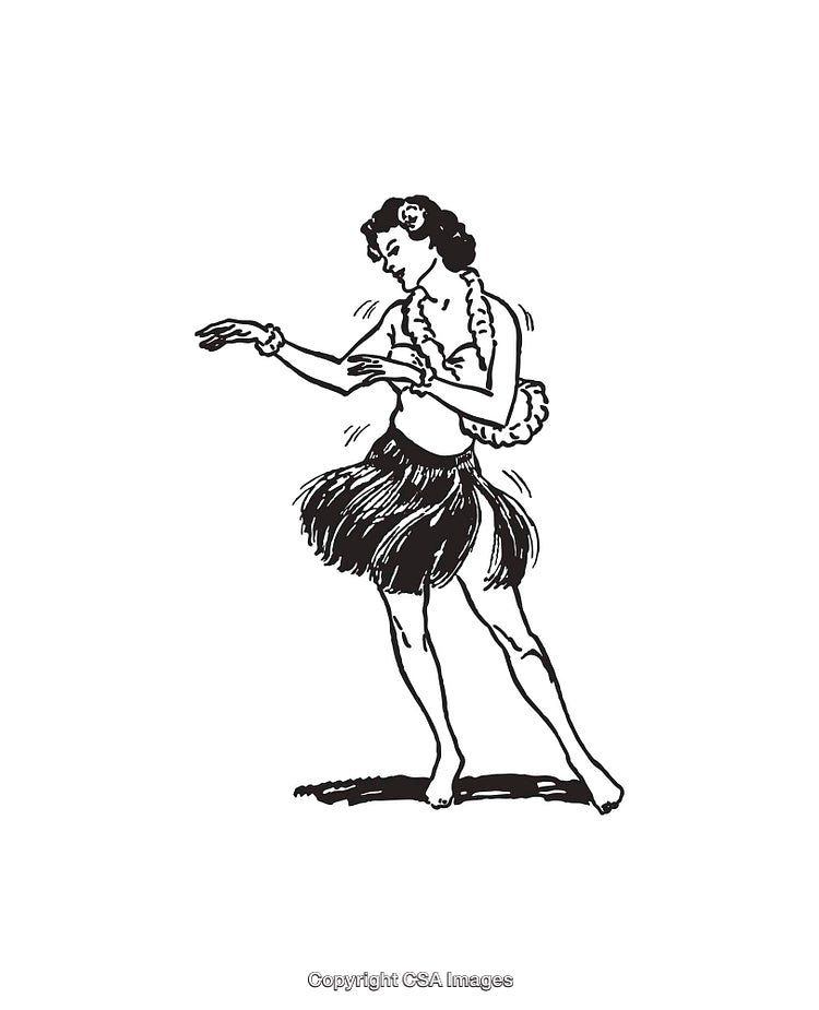 Black And White Illustration of a Hula Dancer Performing a Traditional Dance
