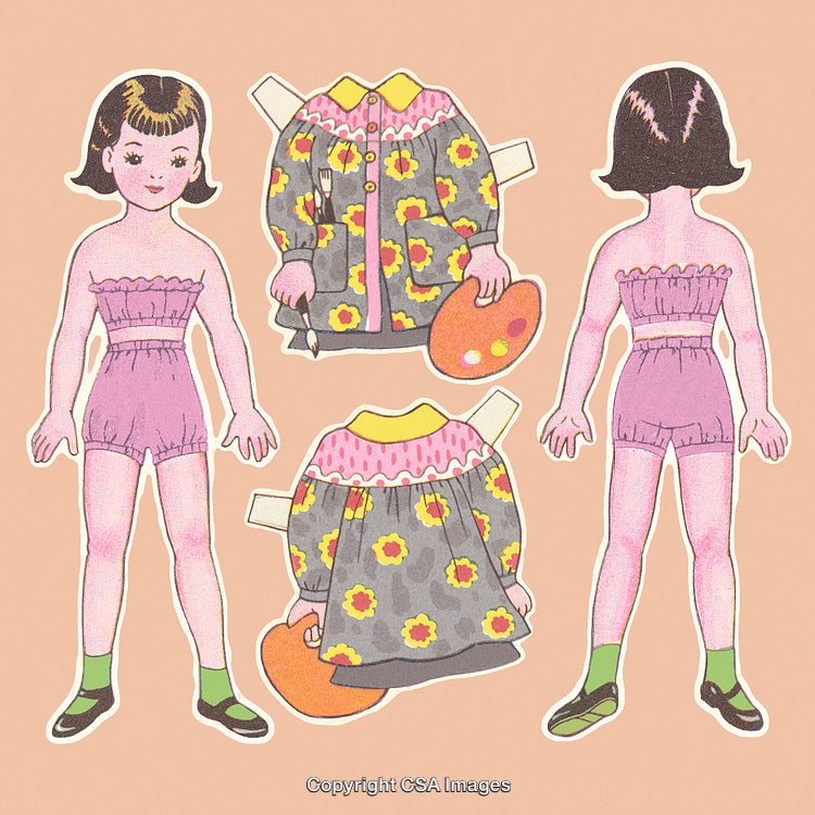 Vintage Paper Doll with Colorful Outfit Accessories on Pastel Background