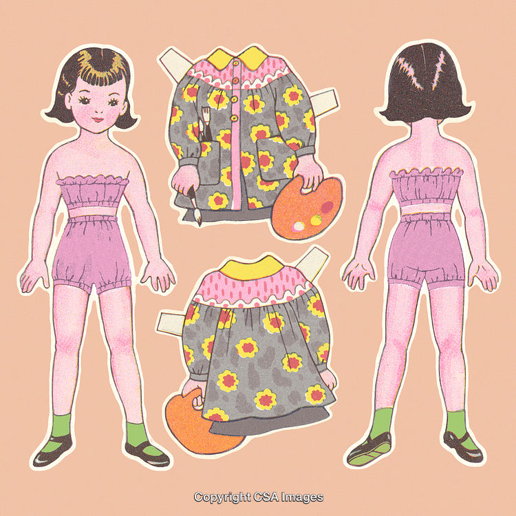 Vintage Paper Doll with Colorful Outfit Accessories on Pastel Background
