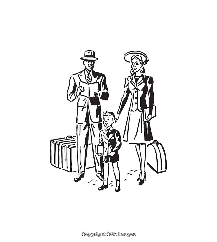 Vintage Family Travel Illustration in Black and White Line Art Sketch