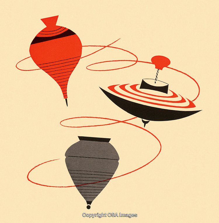 Abstract Illustration of Spinning Tops with Vibrant Swirling Red Patterns