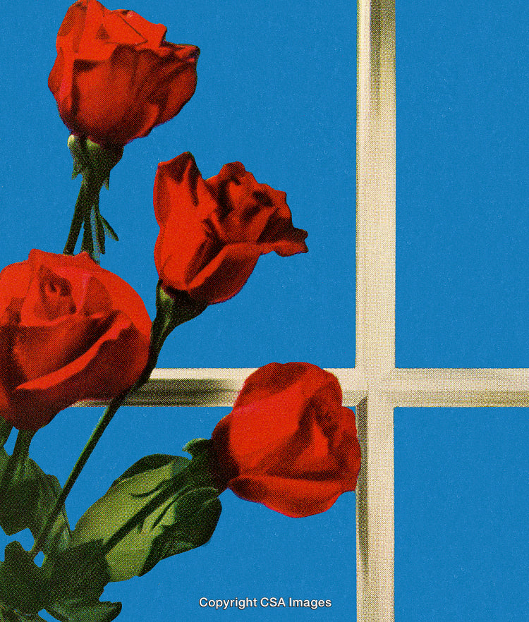 Vibrant Red Roses with Blue Sky in Vintage Pop Art Style