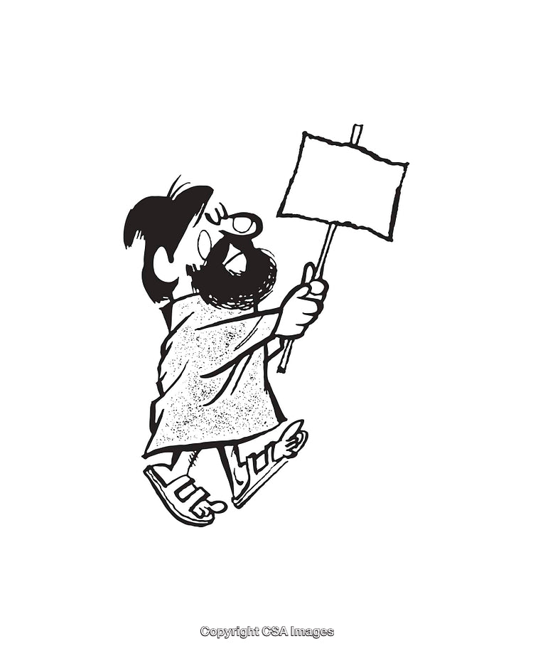 Black And White Line Art Cartoon of a Character Holding a Blank Sign