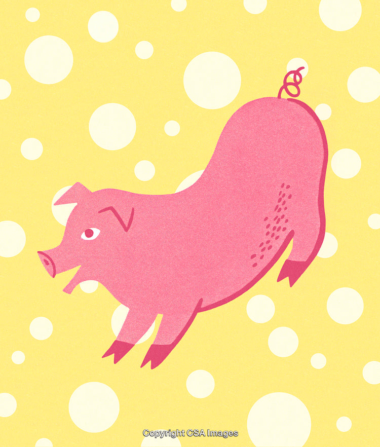 Playful Pink Pig Illustration on Yellow Background with Polka Dots