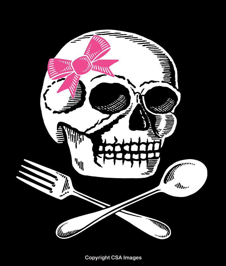 Illustration of Skull with Pink Bow and Crossed Utensils on Black Background