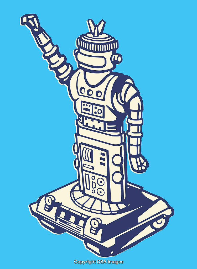 Retro Styled Robot Illustration with Vibrant Blue Background