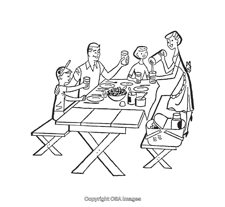Family Enjoying a Picnic at an Outdoor Table in Black and White Line Art
