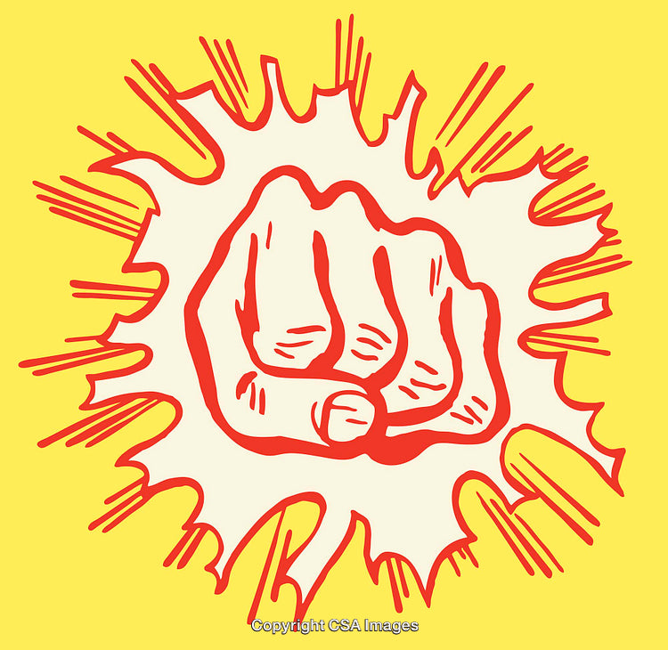 Colorful Line Art Illustration of a Red Punching Fist on Yellow Background