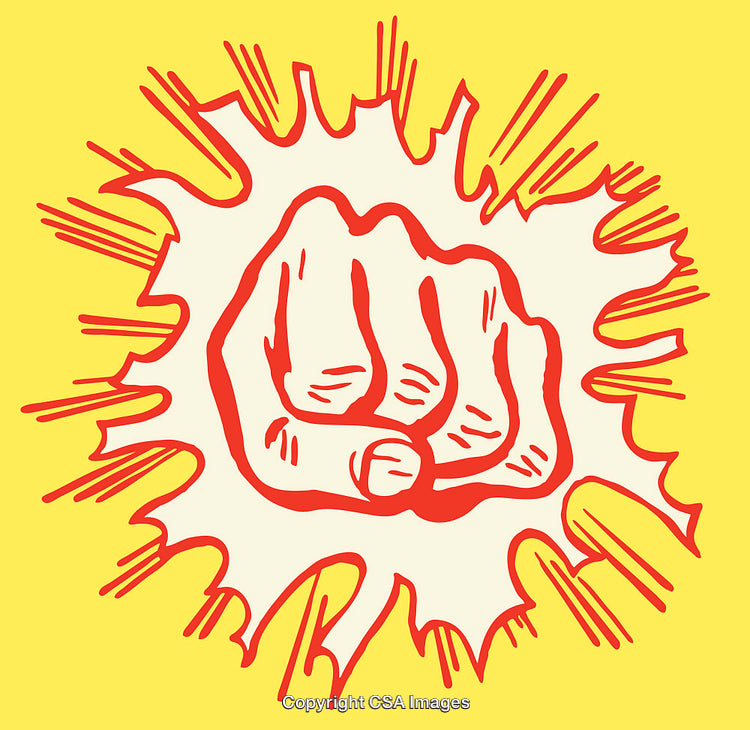 Colorful Line Art Illustration of a Red Punching Fist on Yellow Background