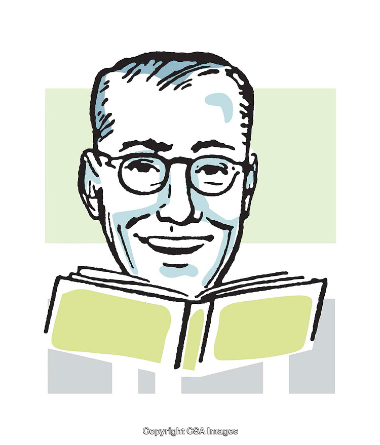 Retro Illustration of Smiling Man Holding an Open Book in Color