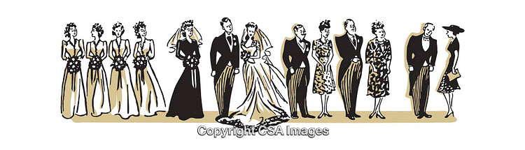 Vintage Wedding Illustration Featuring Bride, Groom, Bridesmaids, and Attendees