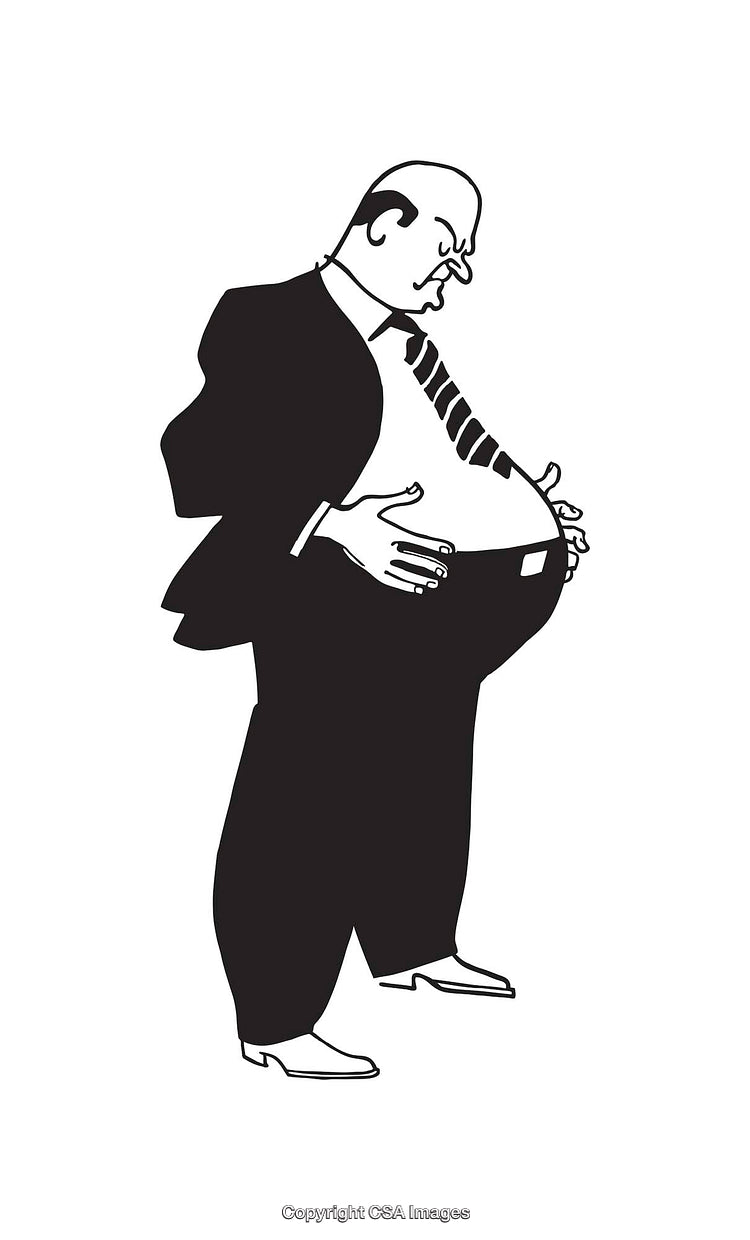 Caricature of Man Inspecting His Stomach Outline in Black and White
